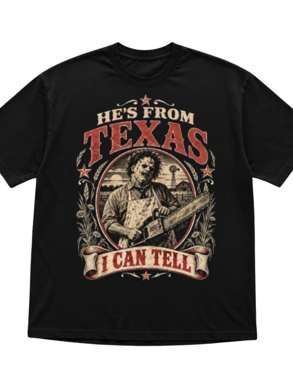 Black Short-Sleeve Graphic Tee with Red and Cream Vintage Texas Design